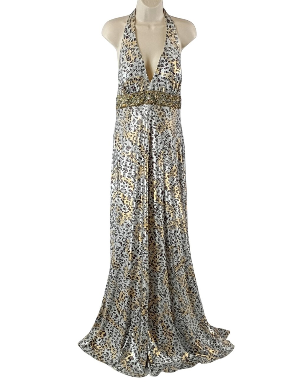 Tony Bowls Gold and White Leopard Halter Backless Evening Gown